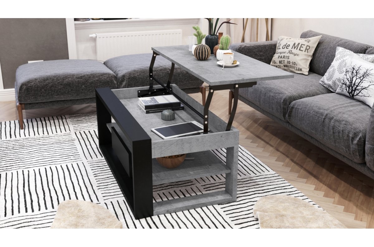 FRAME "Millenium Concrete" / matte black - MODERN BENCH WITH LIFT TABLETOP + STORAGE COMPARTMENT + SHELF - Image 3