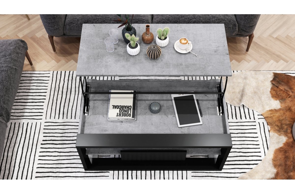 FRAME "Millenium Concrete" / matte black - MODERN BENCH WITH LIFT TABLETOP + STORAGE COMPARTMENT + SHELF - Image 4