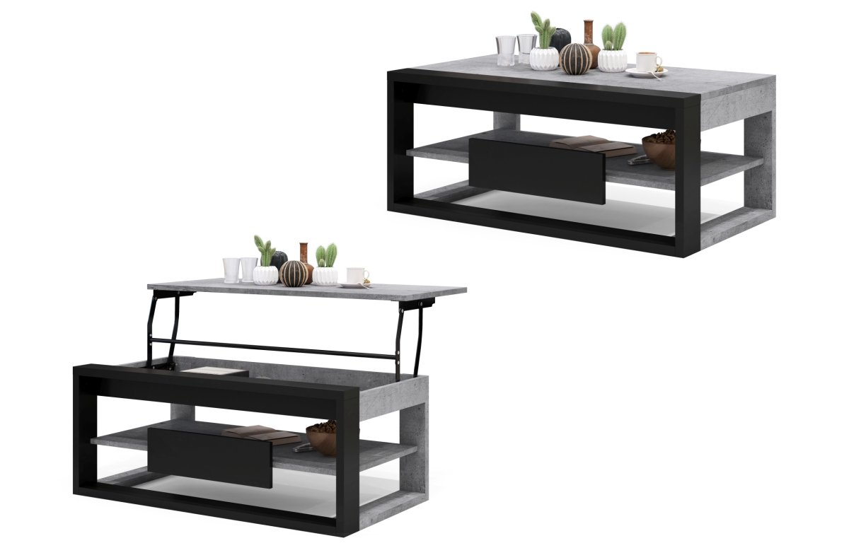 FRAME "Millenium Concrete" / matte black - MODERN BENCH WITH LIFT TABLETOP + STORAGE COMPARTMENT + SHELF