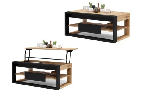 FRAME Artisan Oak/Matte Black – MODERN COFFEE TABLE WITH LIFT TOP + STORAGE COMPARTMENT + SHELF