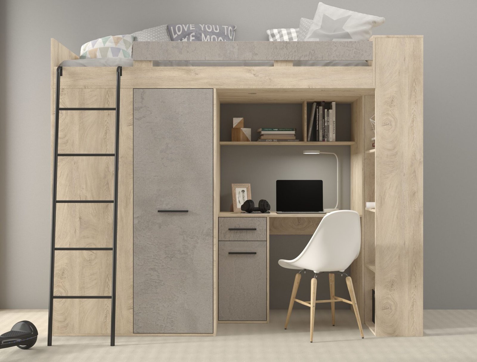 RAVENA L mezzanine with table, wardrobe and chest of drawers, painted oak, concrete - Image 3