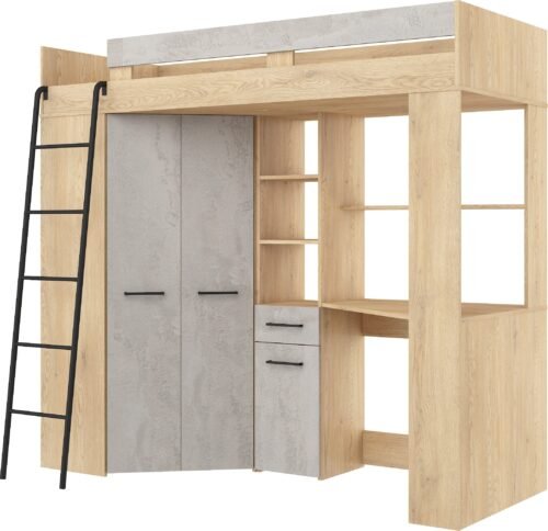 Bunk bed with table, corner wardrobe, mezzanine FLO L, Cremona oak, concrete