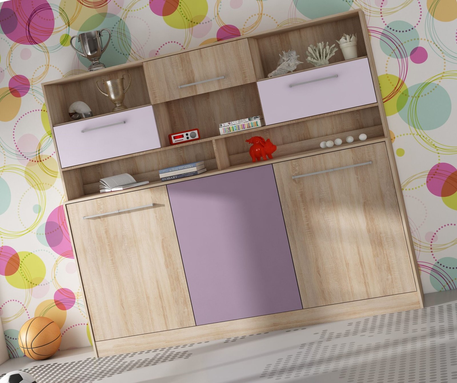 Folding wall bed 90x200 ROGER + base Sonoma, lavender purple - Image 5