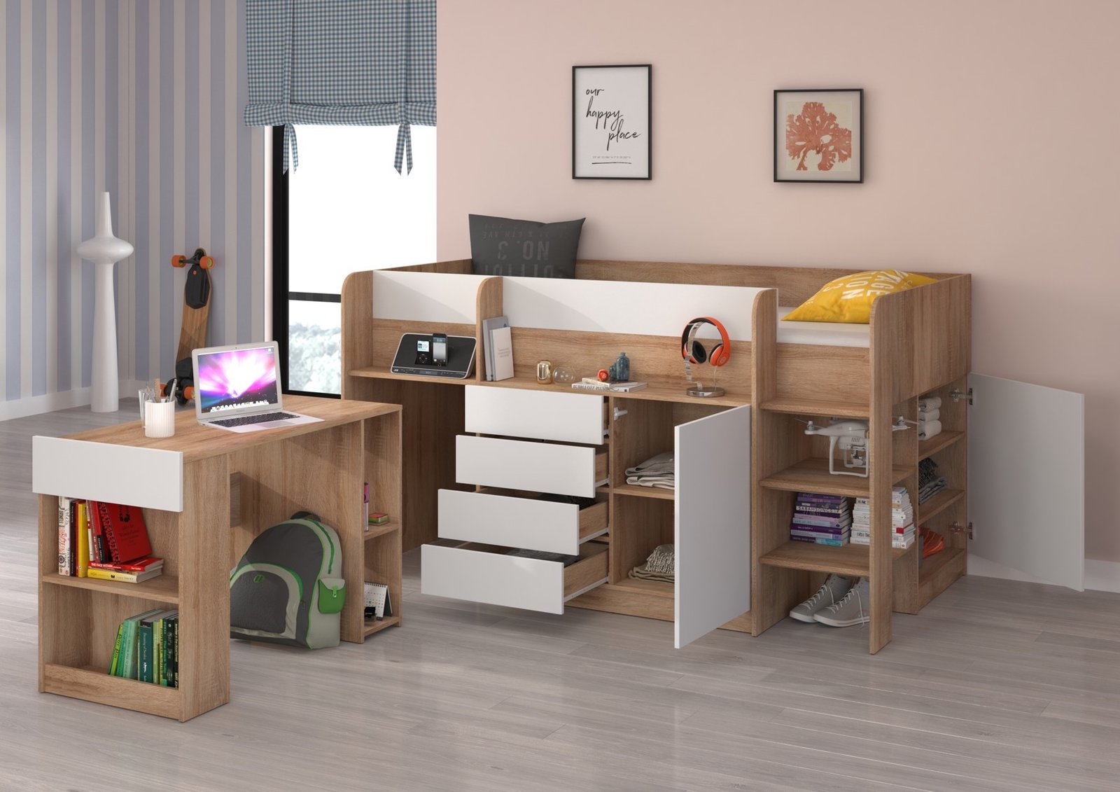 EMI P bunk bed, desk, chest of drawers, mezzanine, Sonoma oak, white - Image 4