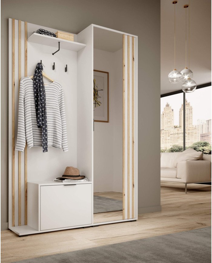 Nelly wardrobe, shoe cabinet, hanger part, shelf, mirror, wardrobe with rail and shelves, white/artisan oak - Image 2