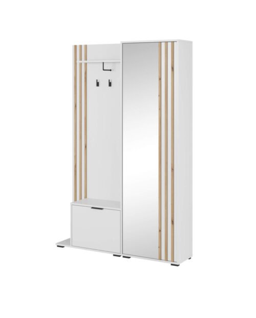 Nelly wardrobe, shoe cabinet, hanger part, shelf, mirror, wardrobe with rail and shelves, white/artisan oak