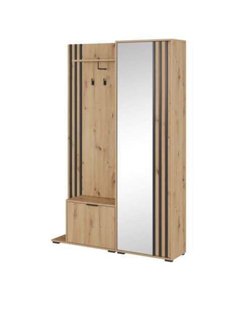 Nelly wardrobe, shoe cabinet, hanger part, shelf, mirror, wardrobe with rail and shelves, Artisan oak/black