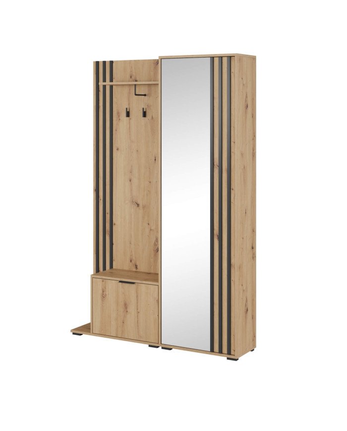 Nelly wardrobe, shoe cabinet, hanger part, shelf, mirror, wardrobe with rail and shelves, Artisan oak/black