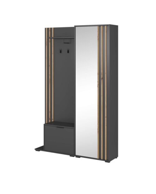 Nelly wardrobe, shoe cabinet, hanger part, shelf, mirror, wardrobe with rail and shelves, graphite/artisan oak color