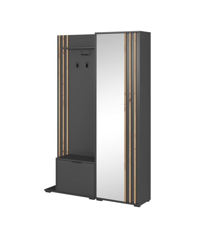 Nelly wardrobe, shoe cabinet, hanger part, shelf, mirror, wardrobe with rail and shelves, graphite/artisan oak color
