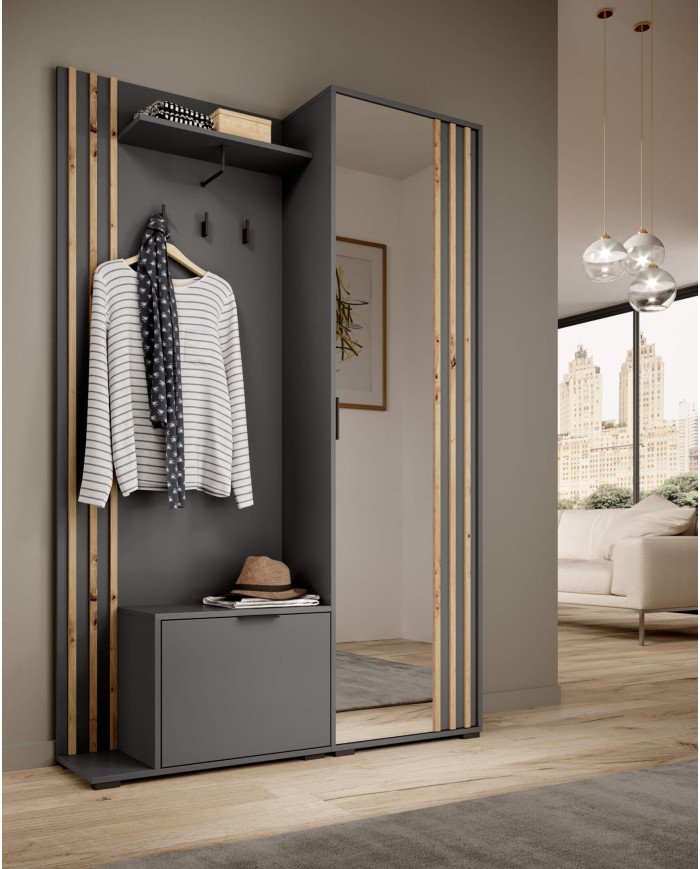 Nelly wardrobe, shoe cabinet, hanger part, shelf, mirror, wardrobe with rail and shelves, graphite/artisan oak color - Image 2