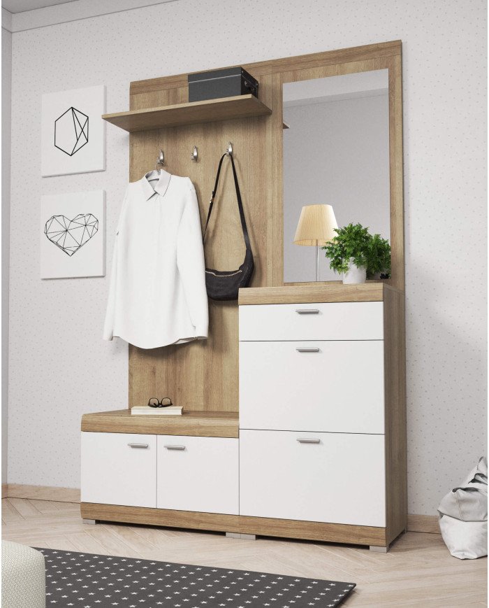 Stella wardrobe, cabinet with doors, shoe cabinet, partition with hangers, shelf, mirror, drawer, Riviera oak/white - Image 2