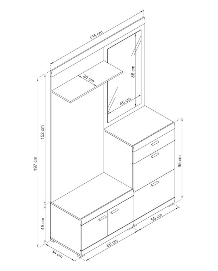 Stella wardrobe, cabinet with doors, shoe cabinet, partition with hangers, shelf, mirror, drawer, Riviera oak/white - Image 3