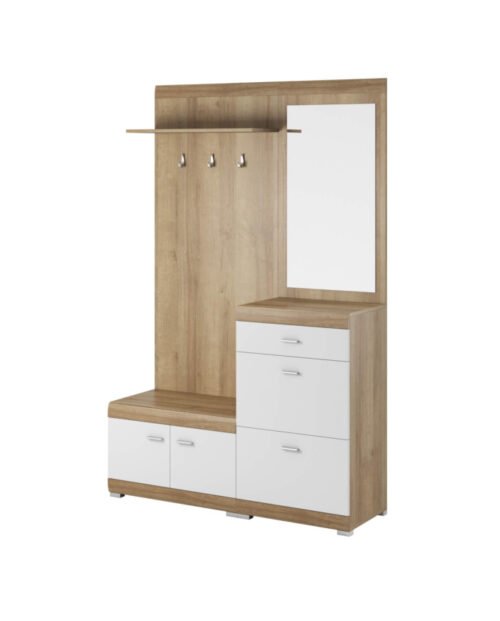 Stella wardrobe, cabinet with doors, shoe cabinet, partition with hangers, shelf, mirror, drawer, Riviera oak/white