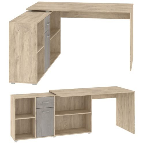 BEAT L corner table, straight, height-adjustable, gaming table, oak edges, concrete gray