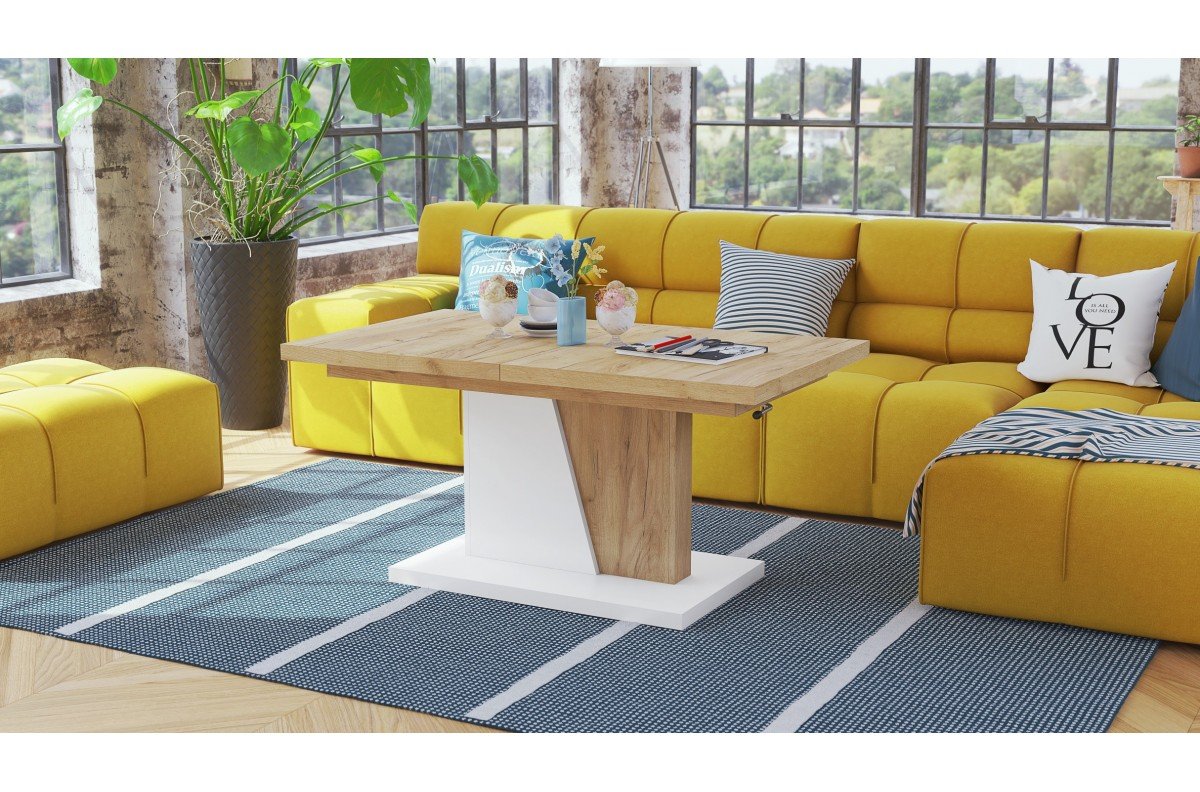 GRAND NOIR Gold Craft oak/matte white - MODERN EXTENDABLE LIFT BENCH TABLE - Image 3