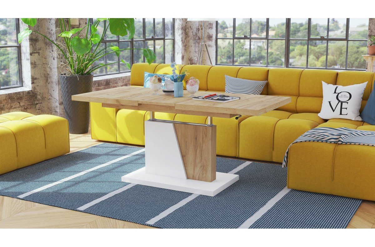 GRAND NOIR Gold Craft oak/matte white - MODERN EXTENDABLE LIFT BENCH TABLE - Image 4