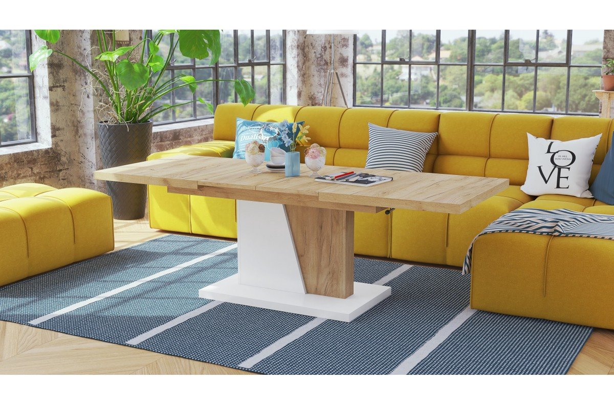 GRAND NOIR Gold Craft oak/matte white - MODERN EXTENDABLE LIFT BENCH TABLE - Image 5
