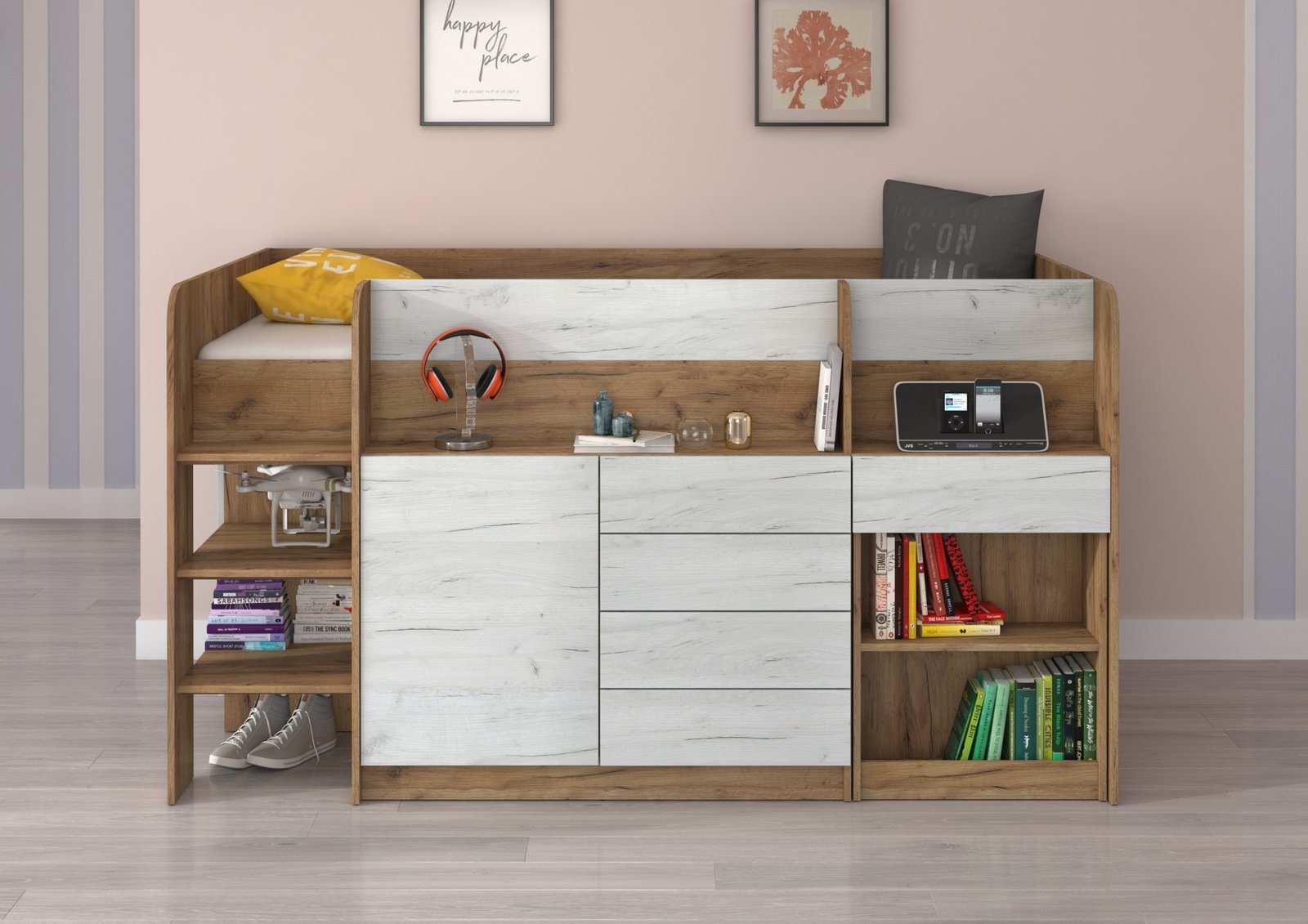 EMI L-shaped loft bed, desk, chest of drawers, oak color gold/white - Image 3