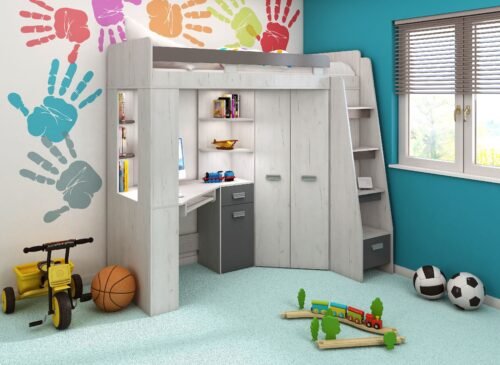 Bunk bed with table, corner wardrobe, mezzanine, SOLA P craft, white graphite