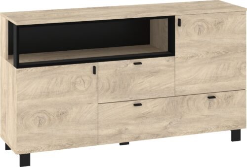 VEGAS 03 furniture, large chest of drawers with doors for the living room, oak imitation, black