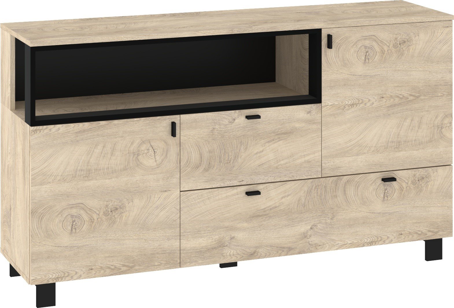 VEGAS 03 furniture, large chest of drawers with doors for the living room, oak imitation, black