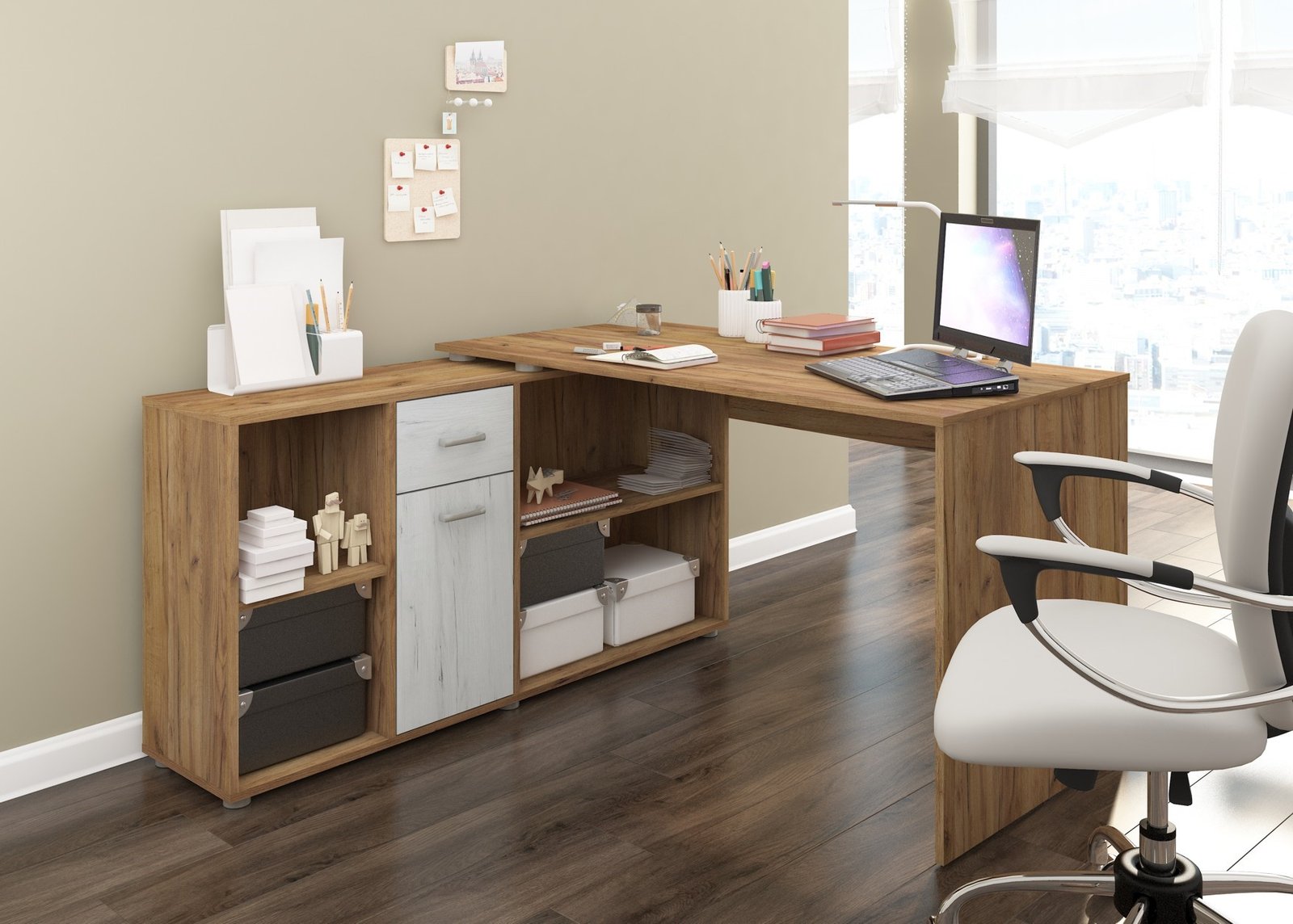 BEAT L-shaped adjustable corner desk, gold/white