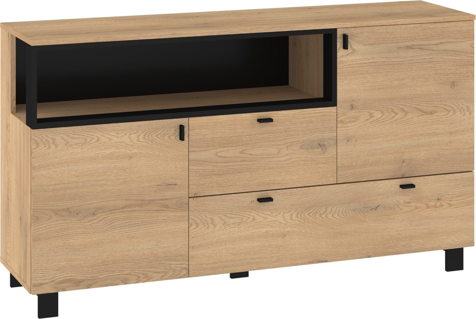 VEGAS 03 furniture large chest of drawers with doors for living room, cream oak color, black