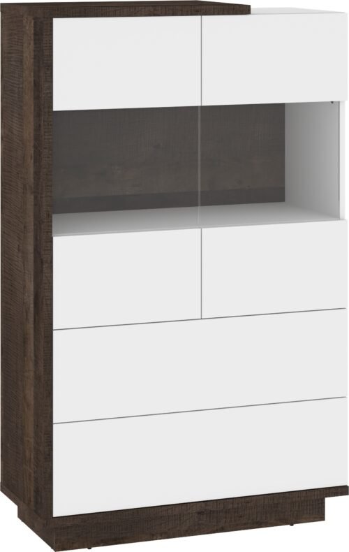 HYBRID 28 low display cabinet with drawers for living room, oak color, white glossy colorHYBRID