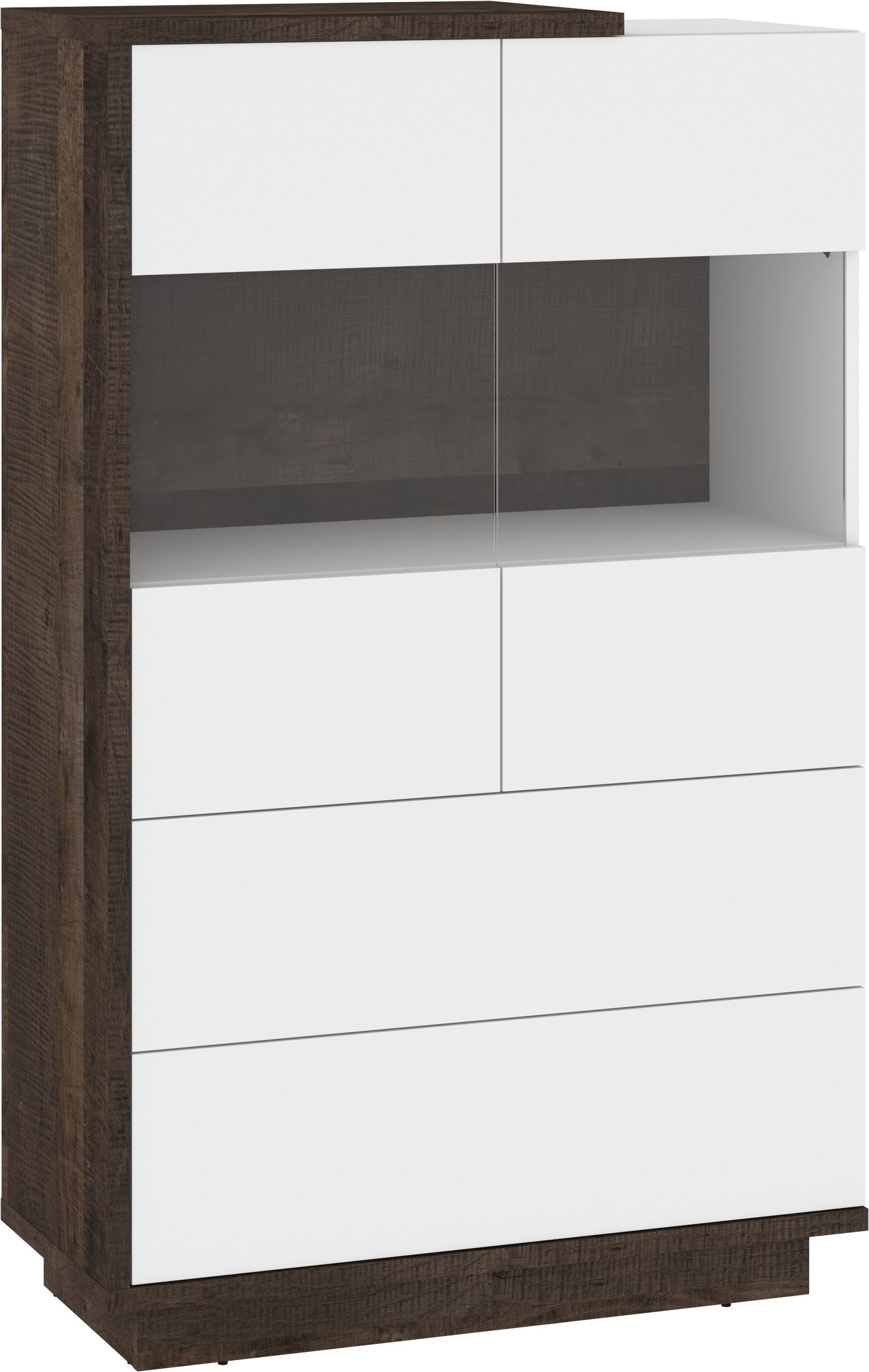 HYBRID 28 low display cabinet with drawers for living room, oak color, white glossy colorHYBRID