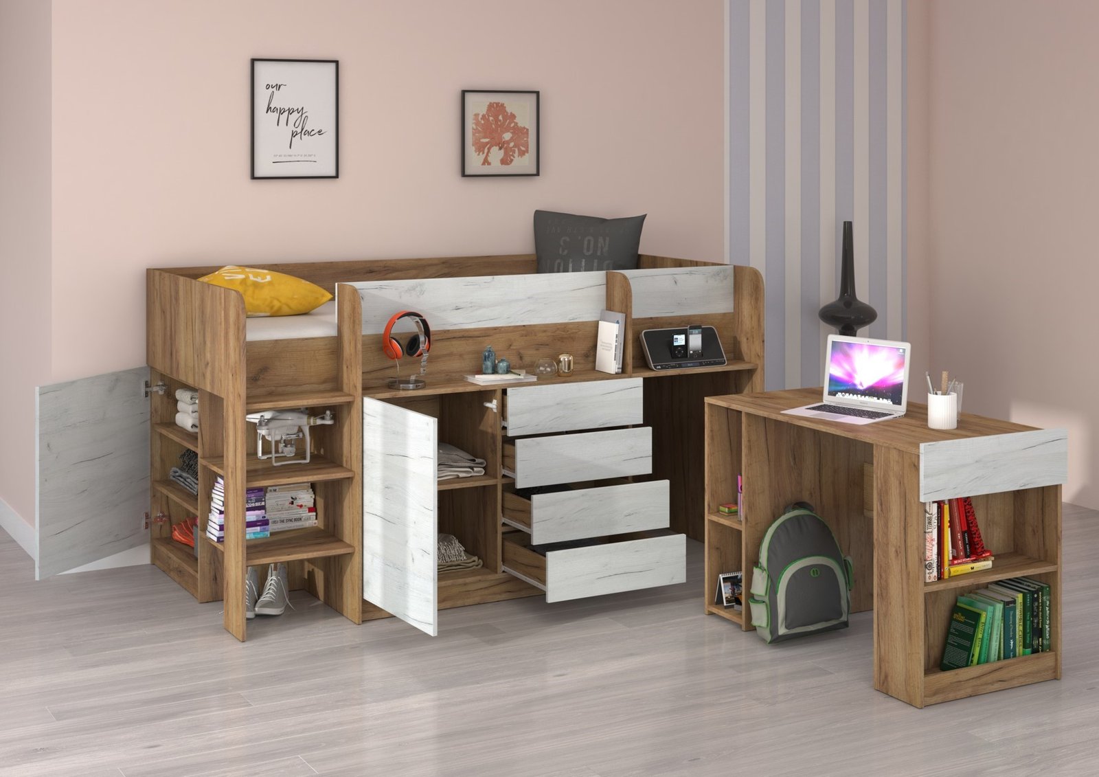 EMI L-shaped loft bed, desk, chest of drawers, oak color gold/white - Image 4