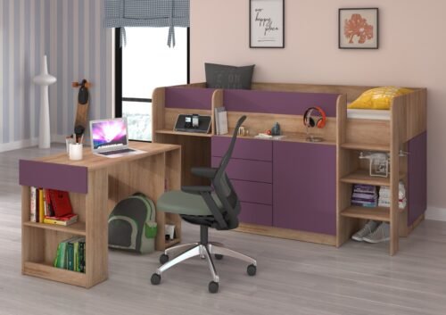 EMI P bunk bed, desk, chest of drawers, mezzanine, Sonoma oak, purple