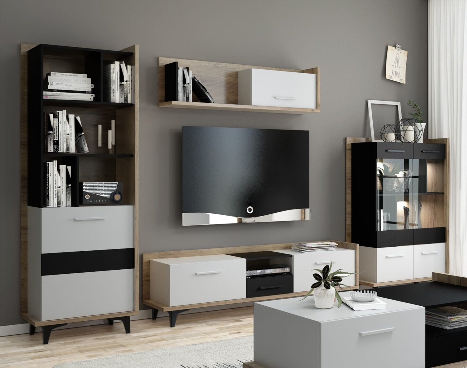 BOX #1 living room furniture, wall cabinet, bookshelf, TV cabinet, shelf, display case, oak