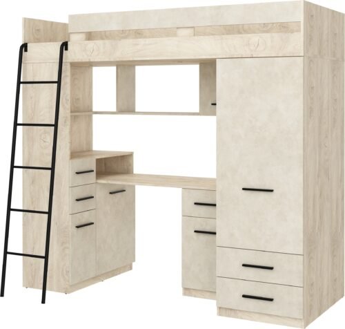 SMYK L bunk bed with mezzanine and table, wardrobe, chest of drawers, oak finish/gray, almond color