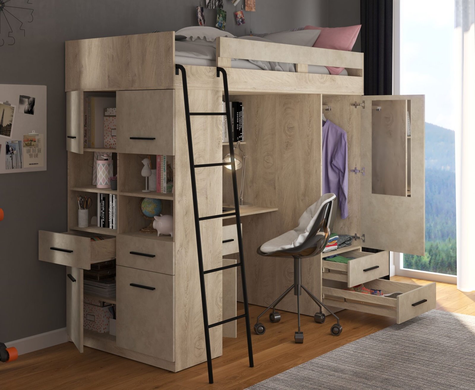 VELVE L mezzanine with table, wardrobe, chest of drawers, engraved oak, almond color - Image 5