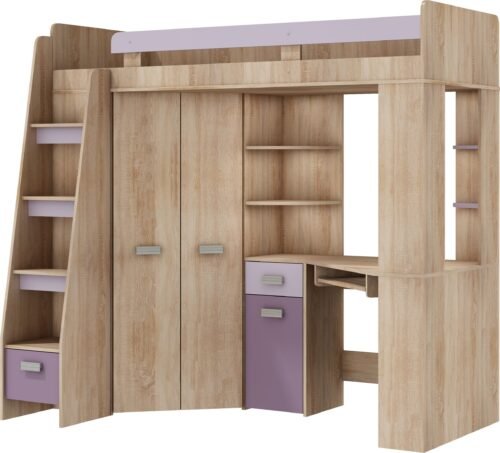 SOLA L bunk bed with table, corner wardrobe, mezzanine, Sonoma oak, purple