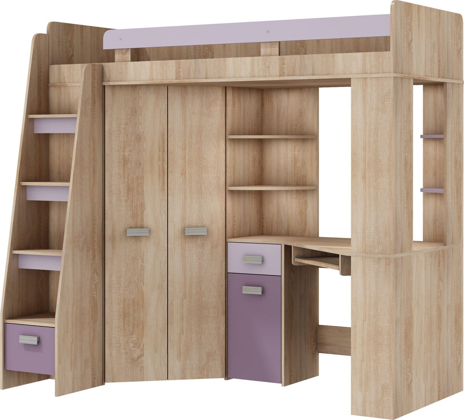 SOLA L bunk bed with table, corner wardrobe, mezzanine, Sonoma oak, purple