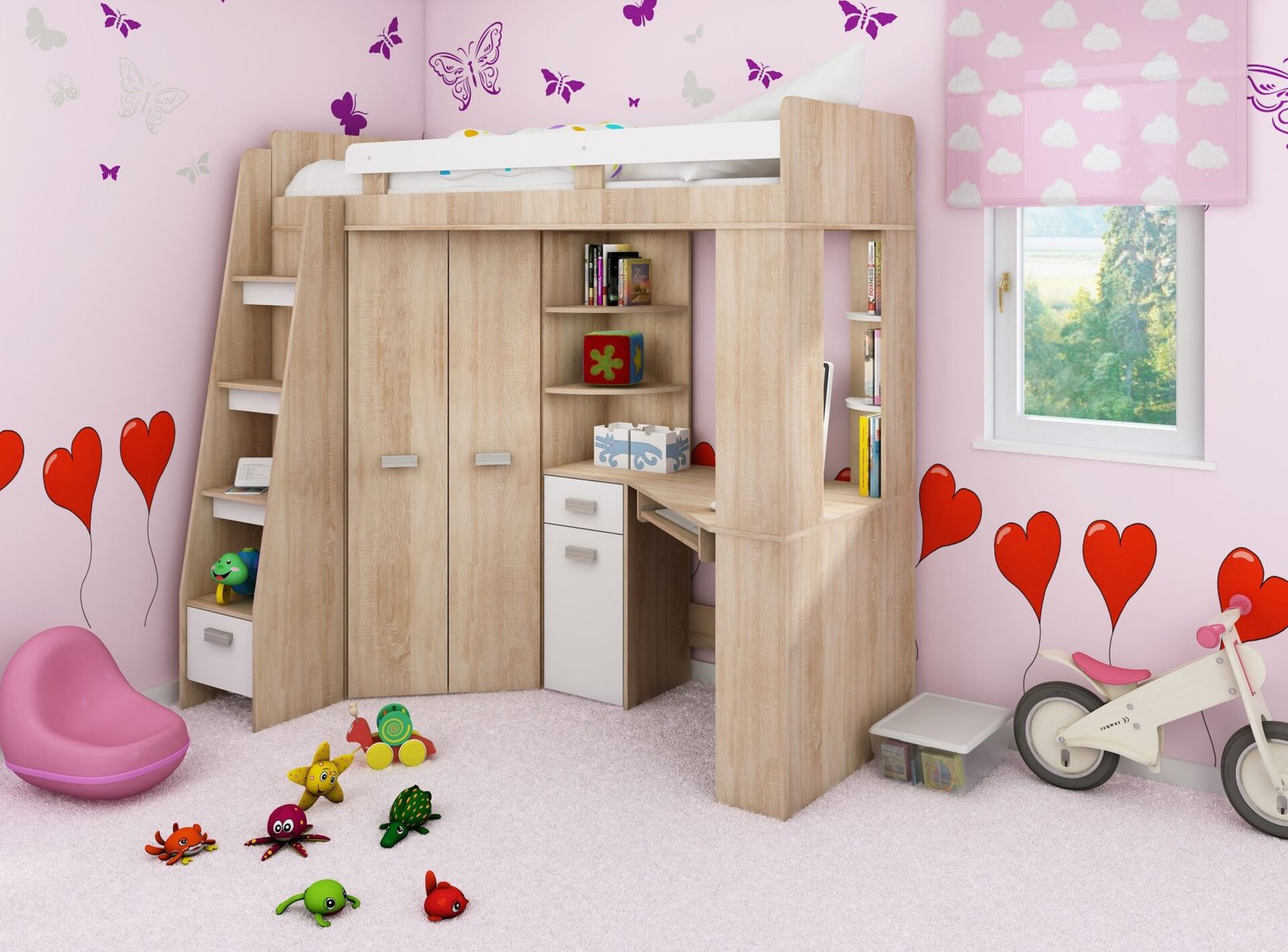 SOLA L bunk bed with table, corner wardrobe, mezzanine, Sonoma oak, white - Image 4