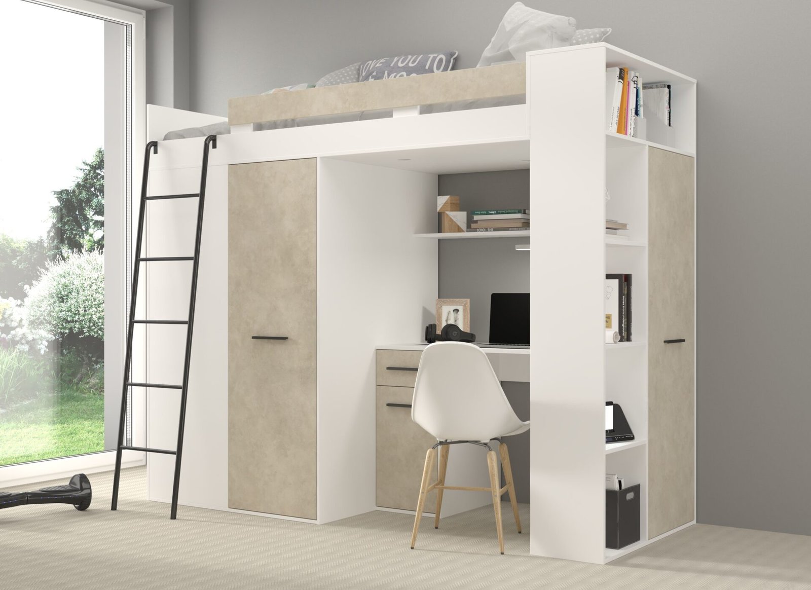 RAVENA L mezzanine with desk, wardrobe and chest of drawers, white, almond color - Image 2