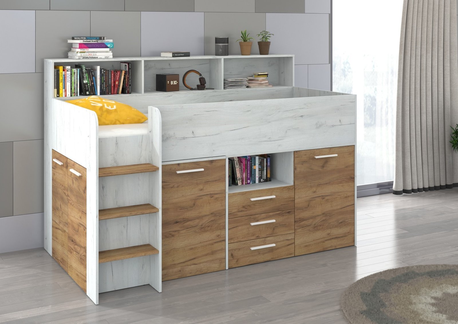 ENO L children's or youth loft bed, faux oak color, white/gold - Image 2