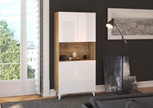 MEGAN furniture, 1 shelf + desk, oak, gold/white, glossy