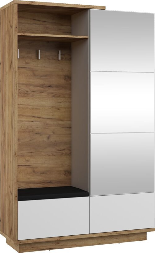 HYBRID 16-piece hallway cabinet with seat, oak color, gold color, whiteHYBRID
