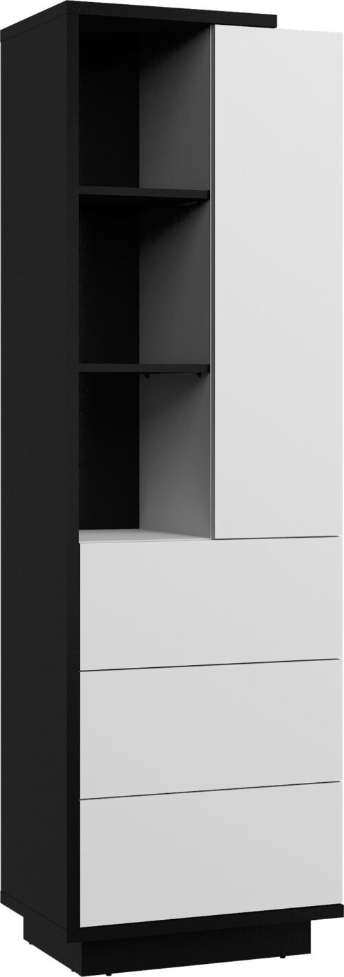 HYBRID 19 furniture, high shelf with shelves, drawer, door, black and white glossy colorHYBRID