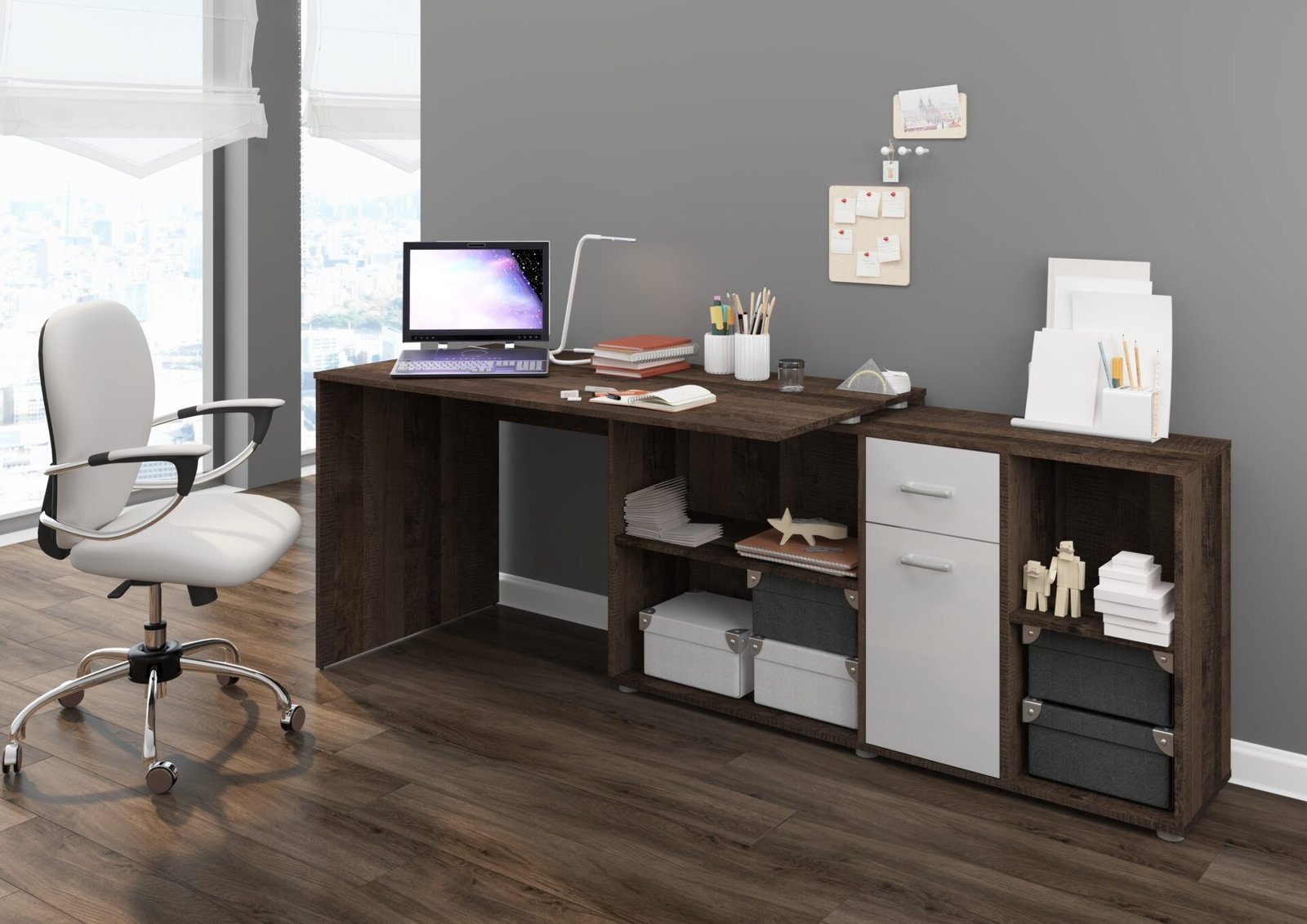 BEAT P corner table, simple, height-adjustable, gaming table, oak, granite color, glossy white - Image 3