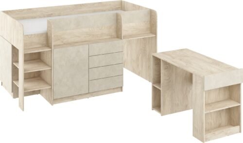 EMI L bunk bed, desk, chest of drawers, mezzanine, oak, almond finish