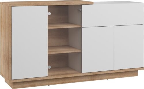 HYBRID 08 furniture display cabinet with drawer for living room, Sonoma oak, white glossy colorHYBRID