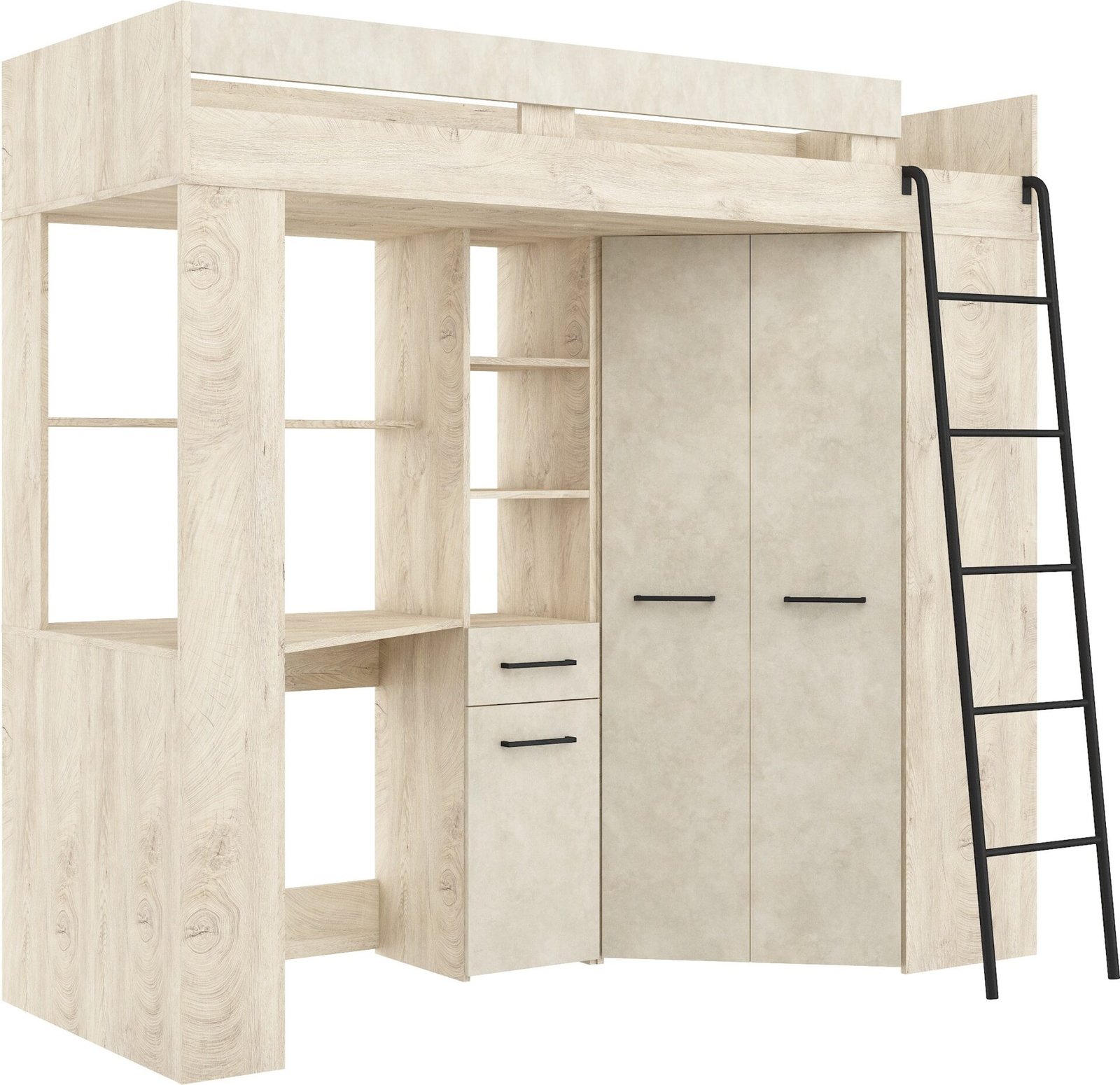FLO P almond gray bunk bed with desk, corner wardrobe, mezzanine