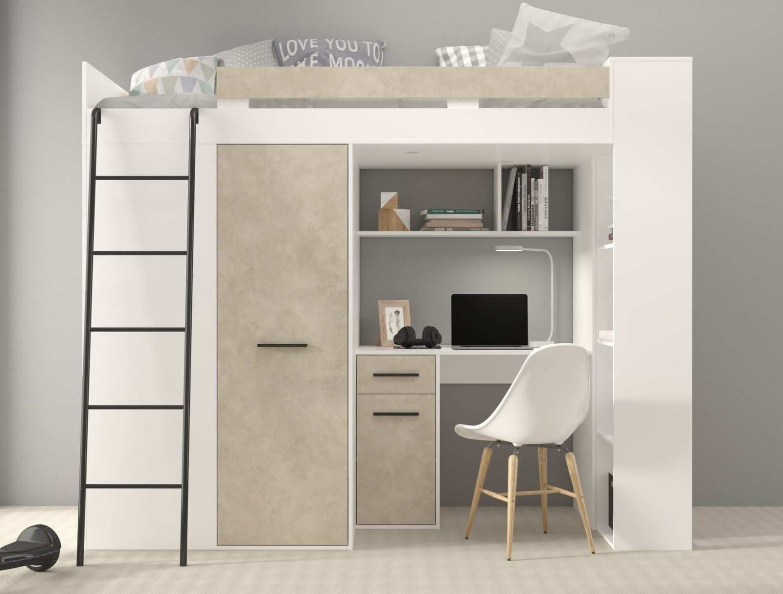 RAVENA L mezzanine with desk, wardrobe and chest of drawers, white, almond color - Image 3