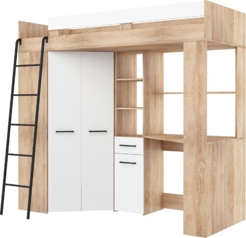 FLO L bunk bed with desk, corner wardrobe, mezzanine, Sonoma oak, white
