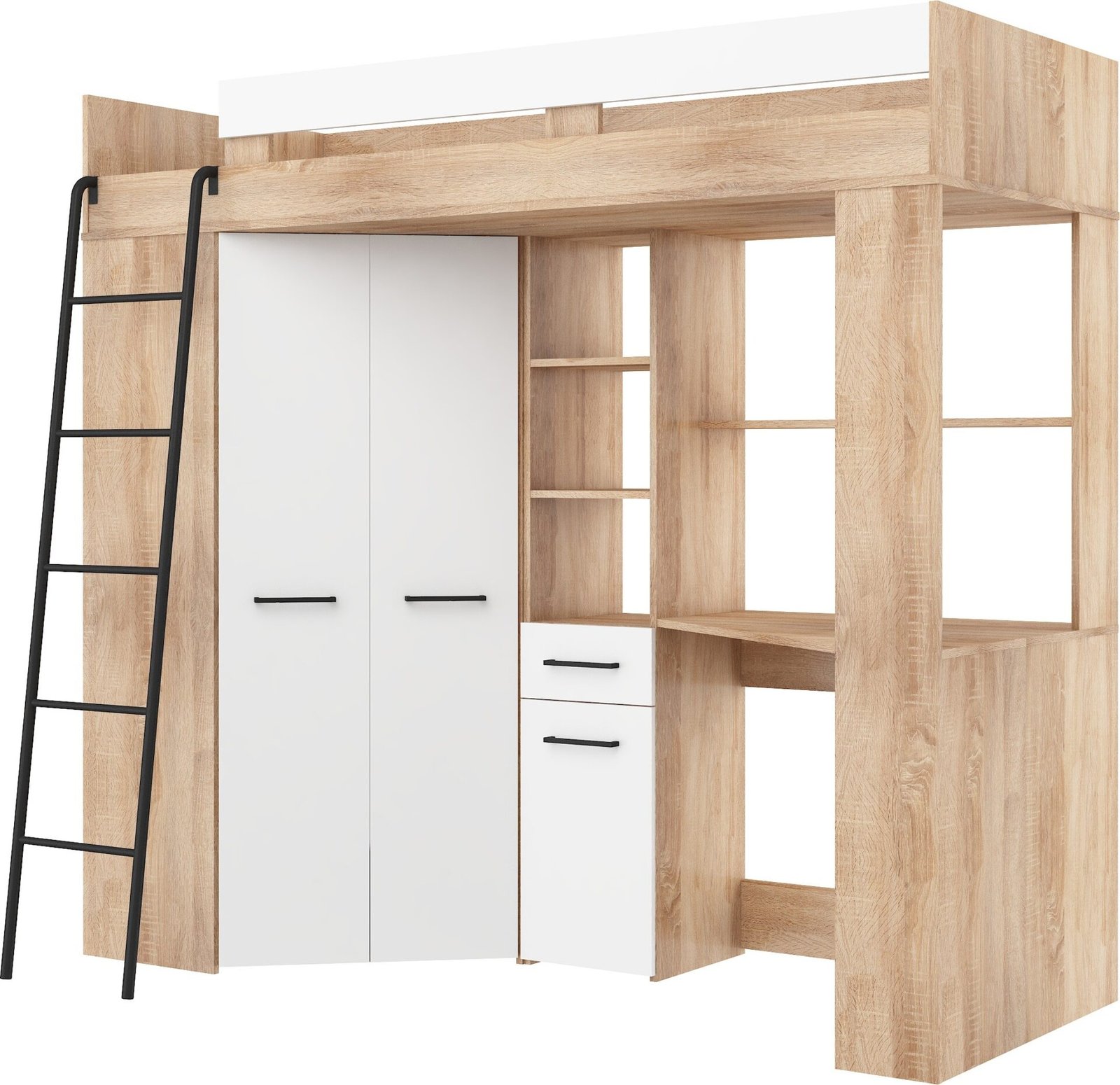 FLO L bunk bed with desk, corner wardrobe, mezzanine, Sonoma oak, white